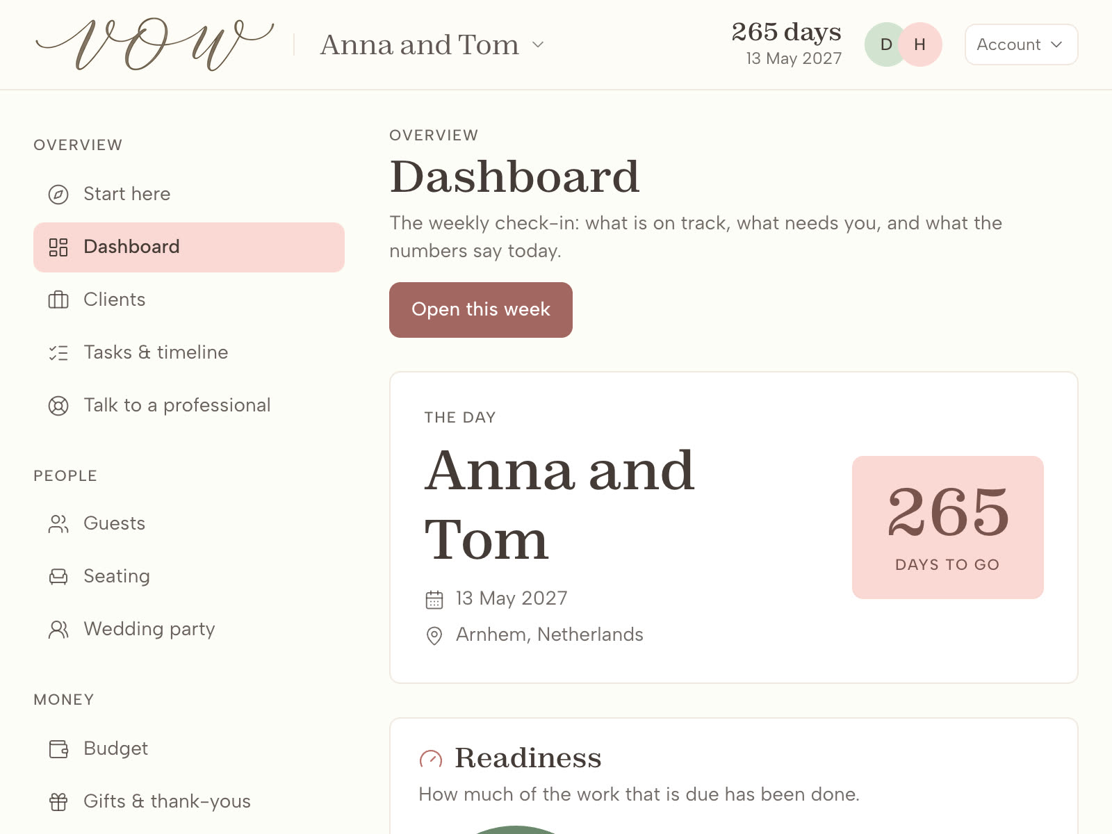 The Vow dashboard for the demo wedding: what is due, what is overdue, and how far through the plan the couple are
