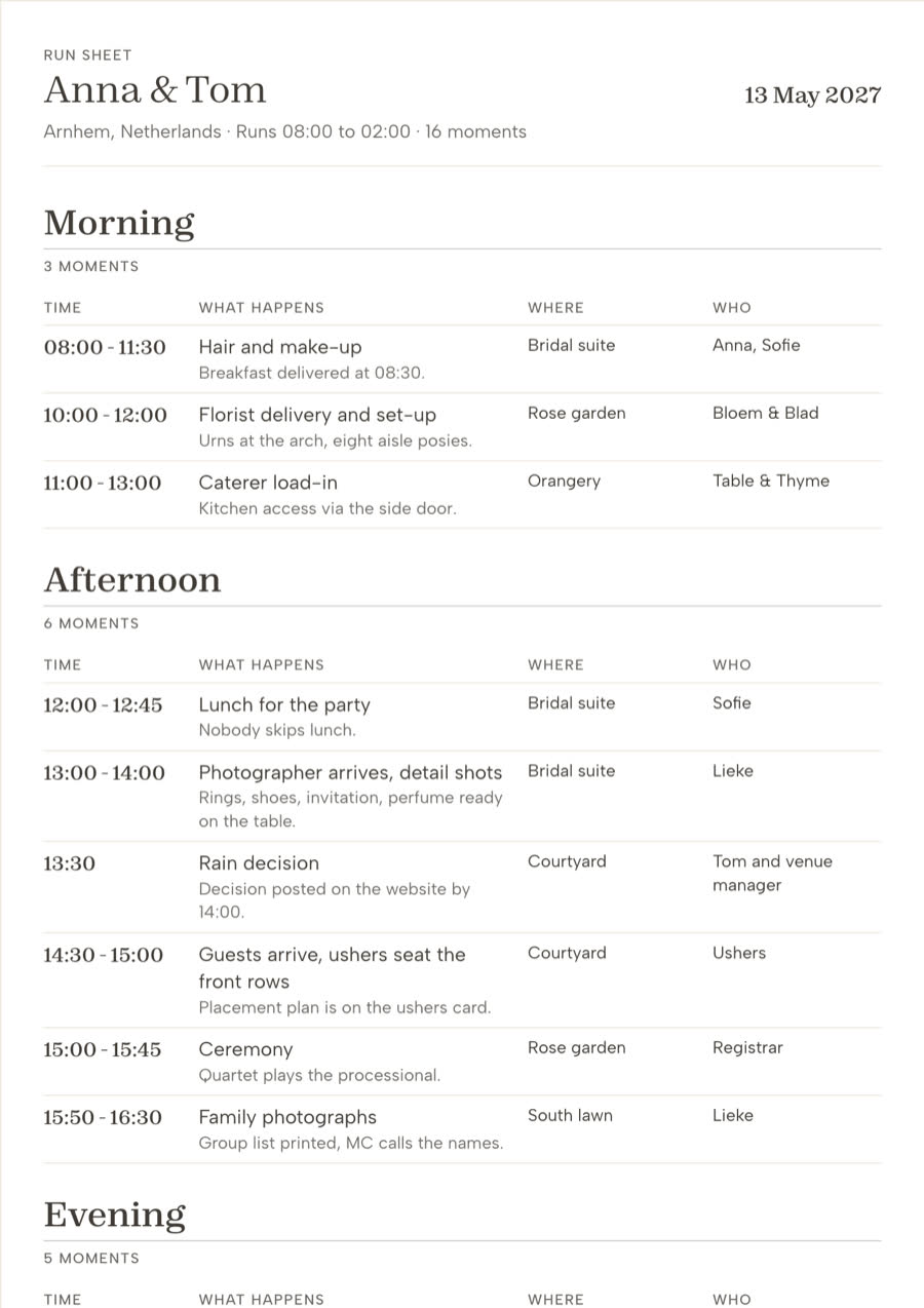 The run sheet printed from the demo wedding: morning, afternoon and evening blocks, each moment with a time, what happens, where, and who is responsible